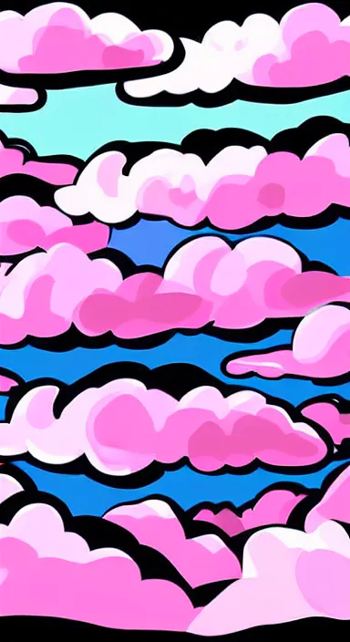 Image similar to pink clouds, under blue clouds, under black sky, smooth, cartoonish and simplistic, background artwork, digital art, award winning