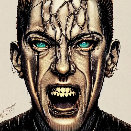 Image similar to portrait closeup of crazy eminem, symmetrical, by yoichi hatakenaka, masamune shirow, josan gonzales and dan mumford, ayami kojima, takato yamamoto, barclay shaw, karol bak, yukito kishiro