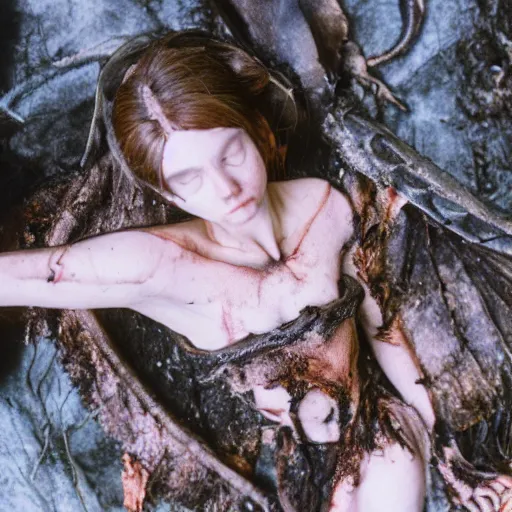 Image similar to beautiful human princess in burned clothes rests after slaying an enormous dragon, highly detailed, 16mm, color film photography