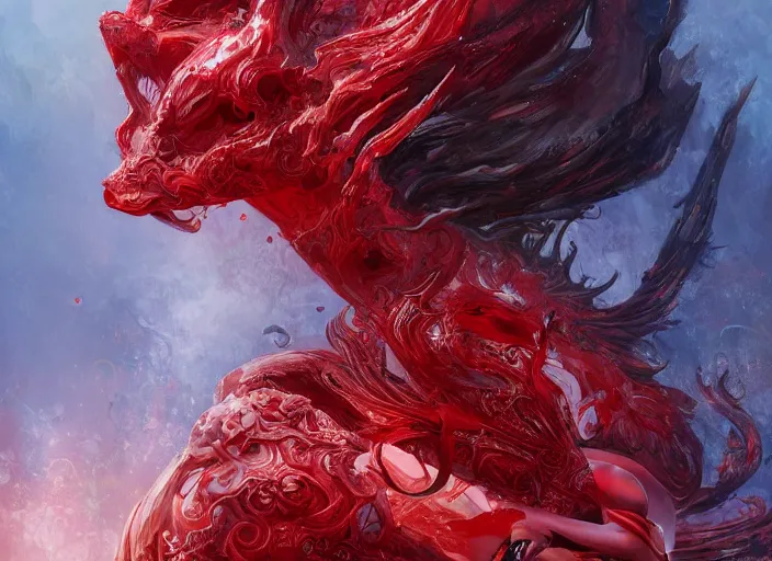 Prompt: woman in love sit upon a scarlet coloured beast, pain, light effect, hyper detailed, elegant, highly detailed, digital painting, artstation, concept art, matte, sharp focus, illustration, by james jean, andrei riabovitchev, marc simonetti, yoshitaka amano