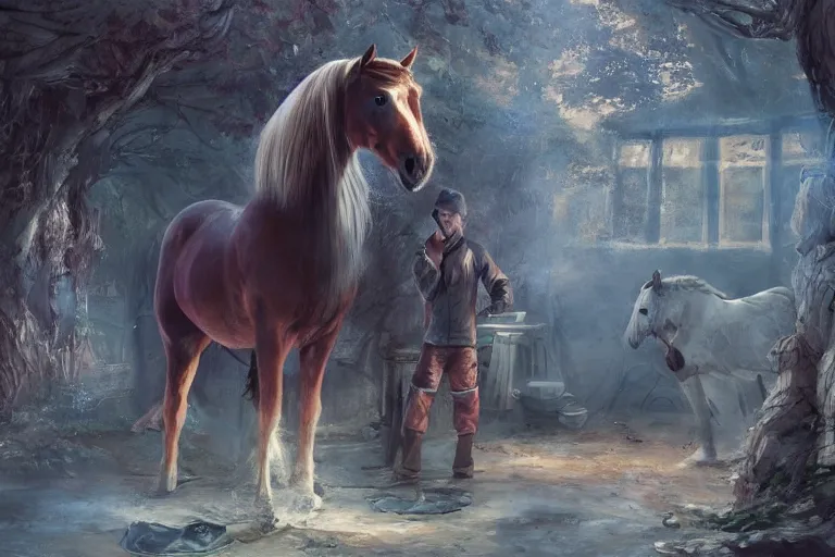 Image similar to A horse attempting to solve a jigsaw puzzle, looking confused, cinematic lighting, evening light, stables, digital painting, volumetric light, concept art, trending on artstation