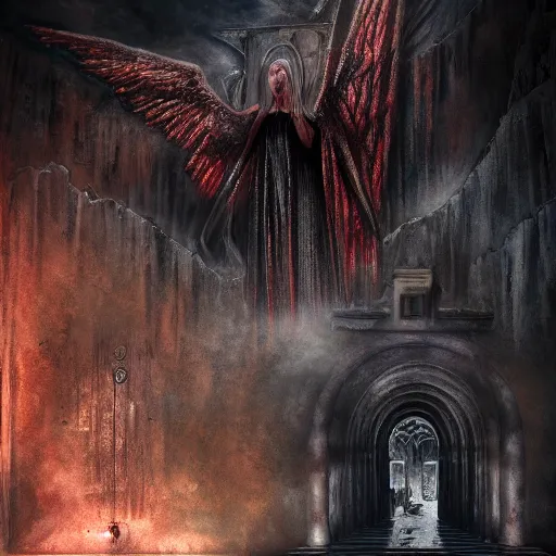 Prompt: hyper realistic photography of an archangel in front of hell's gate. complex architecture, blood drops on the walls. dark background. high details, trending on artstation