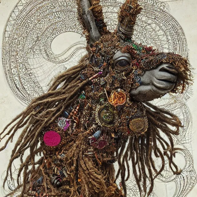 Image similar to llama with dreadlocks, detailed, by ernst haeckel, james jean, el anatsui, mandy jurgens