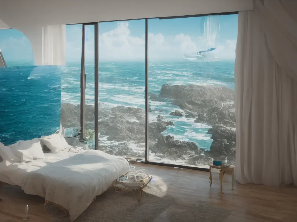 Image similar to photo in a room with an ocean view, aerial photography, exquisite detail, octane render, 8 k postprocessing, concept art, sharp focus,