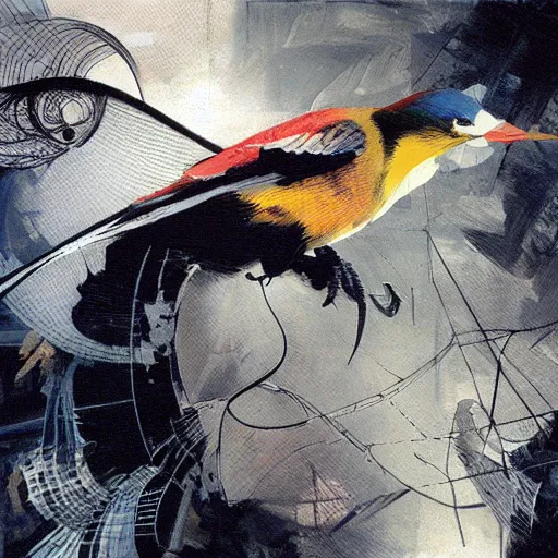 Image similar to the progressive rasterization of a bird from mechanical being to pixels, oil on canvas by dave mckean and yoji shinkawa and ivan shishkin