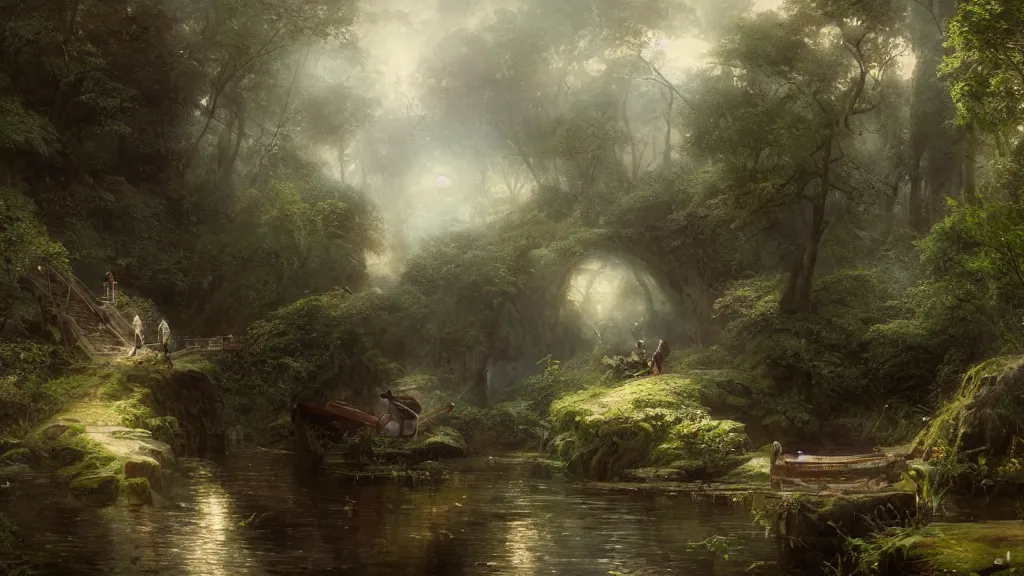 Image similar to [ searching for tom bombadil ] andreas achenbach, artgerm, mikko lagerstedt, zack snyder, tokujin yoshioka