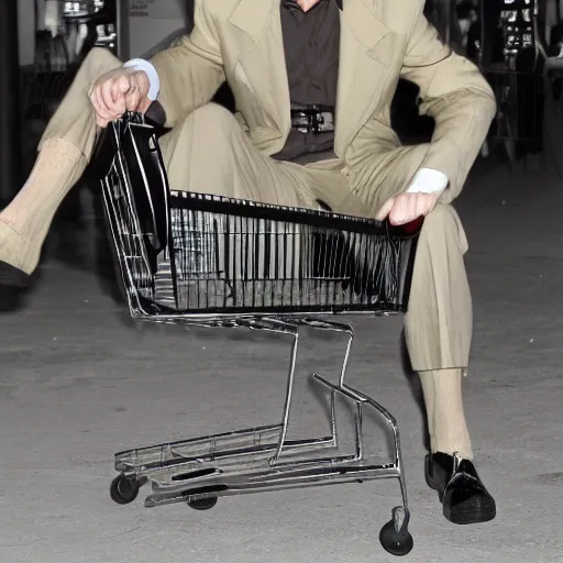 Image similar to nick valentine is sitting in a shopping cart