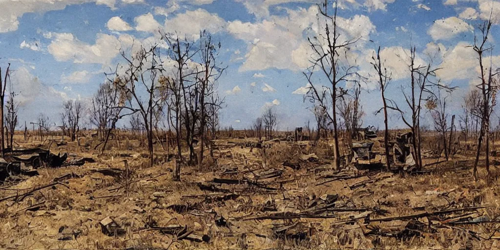 Image similar to aftermath of a battle on the Eastern Front, WW2, sunny day, painting by Isaac Levitan