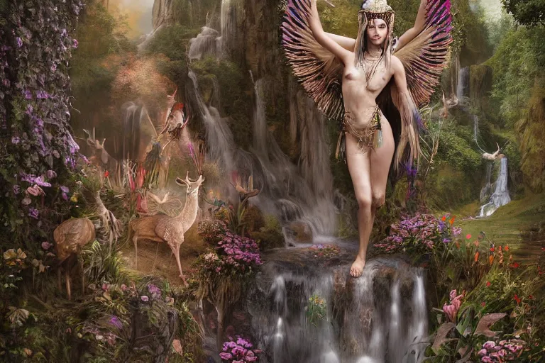 Prompt: a beautiful divine tribal high priestess with feathers and crystals in a lush field of flowers, highly detailed medieval temple with waterfall and deer behind her, wide painting by greg rutkowski and hr giger, zbrush, trending on artstation - h 1 0 2 4