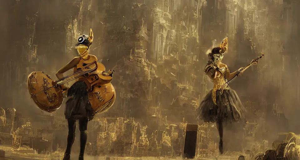 Prompt: craig mullins and ghibli digital art of on the huge stage, the masked female violinist playing alone, she wore a strong exotic costumes, gold ornaments, black hair, unreal engine, hyper realism, realistic shading, cinematic composition, realistic render, octane render, detailed textures, photorealistic, wide shot