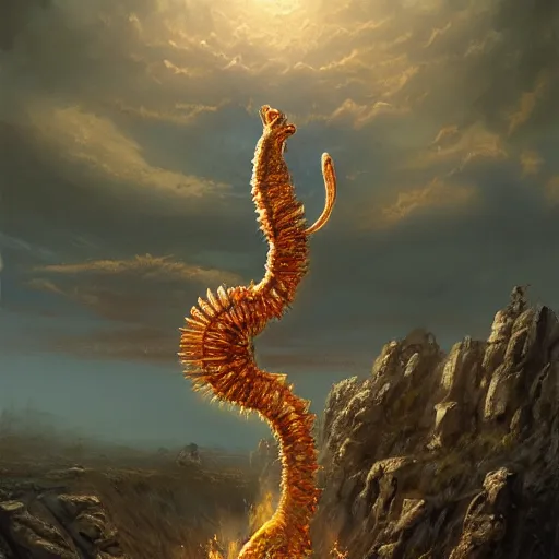 Prompt: a beautiful painting by greg rutkowski and michael whelan, trending on artstation a wasteland of nuclear bombs that failed to go off, 8k resolution incredible digital illustration added Featured seahorse nailed to gold chainsword