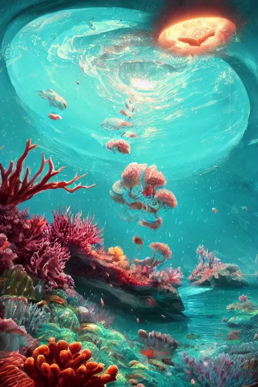 Prompt: beautiful digital matter cinematic painting of whimsical underwater under seascape coral beautiful whimsical scene by greg rutkowki artstation