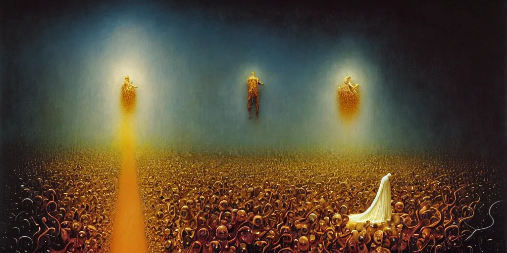 Prompt: fantastic creatures in joy and exuberant utopia abstract oil painting by gottfried helnwein pablo amaringo raqib shaw beksinski cinematic sci - fi carl spitzweg