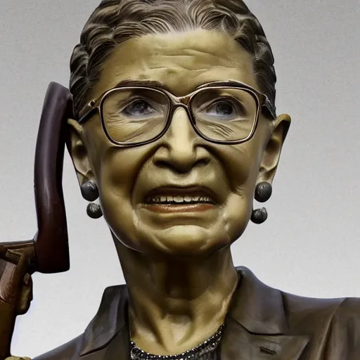 Image similar to bronze statue of Ruth Bader Ginsburg holding a chainsaw over her head