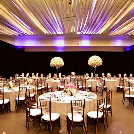 Prompt: large convention centre room decorated for a wedding reception, ceiling swagging, fairy lights, symmetrical lighting design, interior design by Wes Andersson