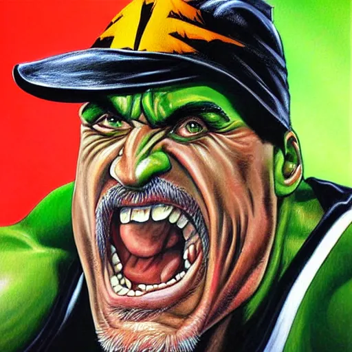 Image similar to wrestler hulk hogan, photorealistic, ring of fire, painted by simon bisley