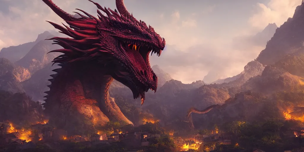 Prompt: Massive dragon head surrounded by a village in mountain, unreal 5, hyperrealistic, realistic, photorealistic, dynamic lighting, highly detailed, cinematic landscape, studio landscape, studio lighting