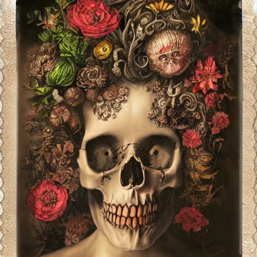 Image similar to a beautiful detailed front view baroque portrait of a rotten woman corpse becoming almost a skull with fractal plants and fractal flowers and mushrooms growing around, intricate, ornate, volumetric light, beautiful lit, polaroid photography