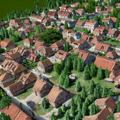 Prompt: small medieval village top view, photorealistic, trending on artstation