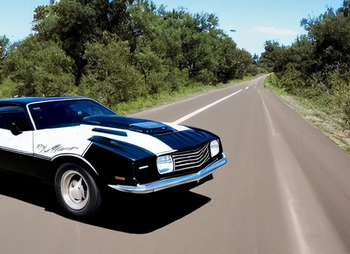 Prompt: retro picture of a black camaro mach 1, chased by a white police car on a dusty road, sunny day