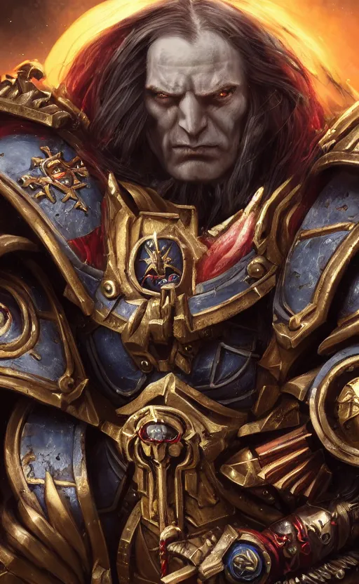 Prompt: warhammer 40k Emperor of Mankind, portrait, beautiful face, long hair, illustration, fine details, cinematic, highly detailed, octane render