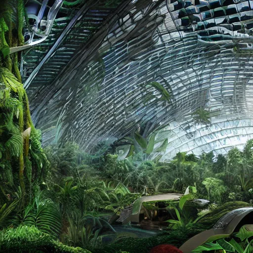 Image similar to stunning indoor jungle inside epic high technology biodome designed by zaha hadid, ultra detailed, highest quality, trending on artstation, award - winning design, 8 k
