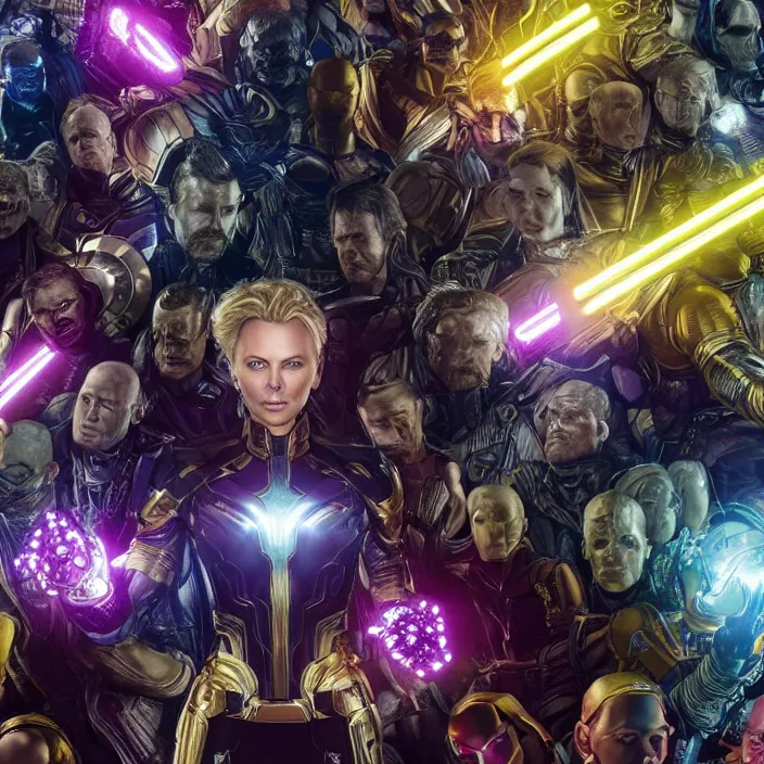 Image similar to (The Infinity Gauntlet), Charlize Theron, intricate artwork. octane render, trending on artstation, very coherent symmetrical artwork. avengers. thanos. cinematic, hyper realism, high detail, octane render, 8k, iridescent accents