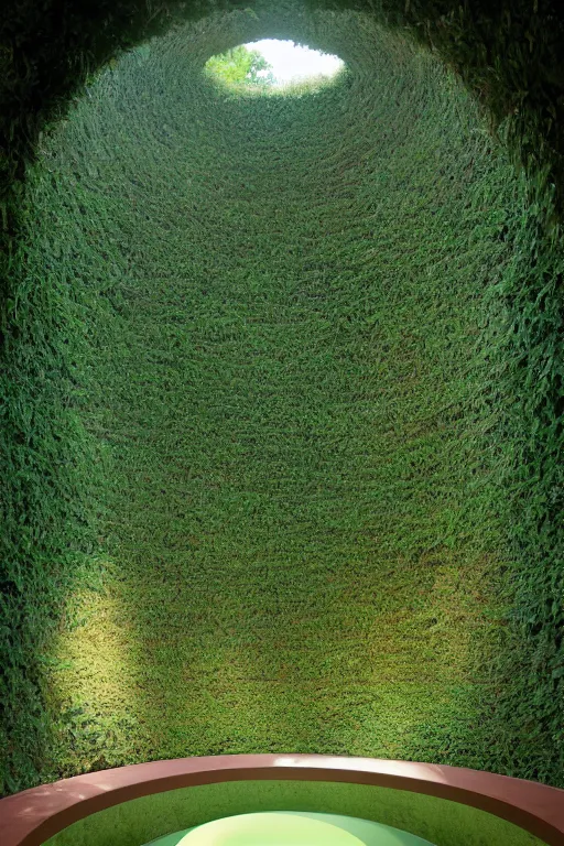 Image similar to colorful James Turrell interiors , overgrown by kudzu vines