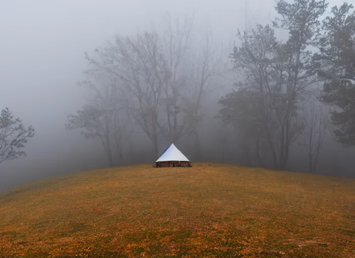 Image similar to a lone yurt on a hill overlooking the blue ridge mountains on a foggy morning