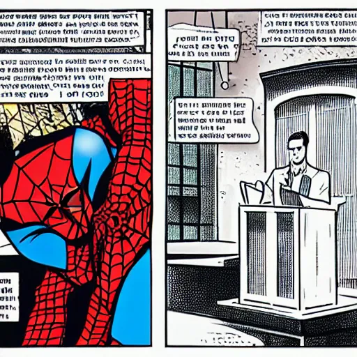 Image similar to spider-man giving speaking behind a pulpit in a Baptist church, comic book art