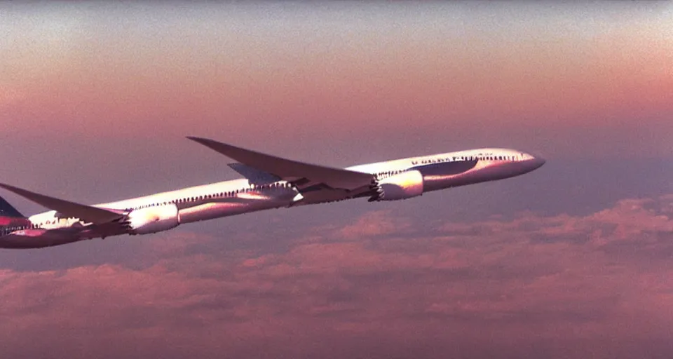 Image similar to vhs footage of a boeing 787 flying overhead