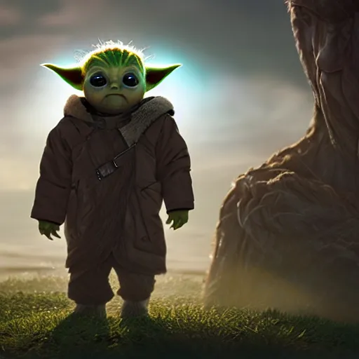 Prompt: babyyoda ( 2 0 2 1 ) is walking to a spaceship. he is walking next to babygroot ( 2 0 1 7 ). they are friends. photorealistic, digital art, epic fantasy, dramatic lighting, cinematic, extremely high detail, cinematic lighting, trending, artstation, cgsociety, 3 d ue 5, 4 k, hq