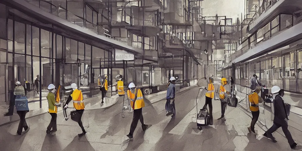 Image similar to “workers going about their day in the year 2060 by Alex Heywood, beautiful detailed photorealistic modern digital illustration”