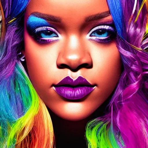 Prompt: a hyperpop album cover by rihanna with silver hair and bright colors. hyper realistic. detailed. intricate.