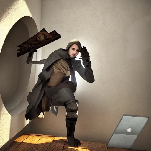 Prompt: medieval fantasy thief robbing modern home, photorealistic