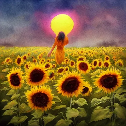 Image similar to Bedsheet Ghost in a field of sunflowers, sunset, Watercolor, photorealistic, high resolution, award winning, trending on artstation, art by artgerm