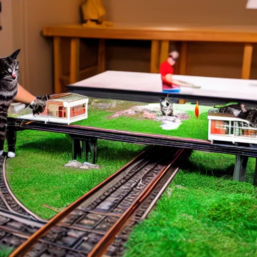 Prompt: a huge model railroad scene built on top of a ping pong table, it is being attacked by many cats
