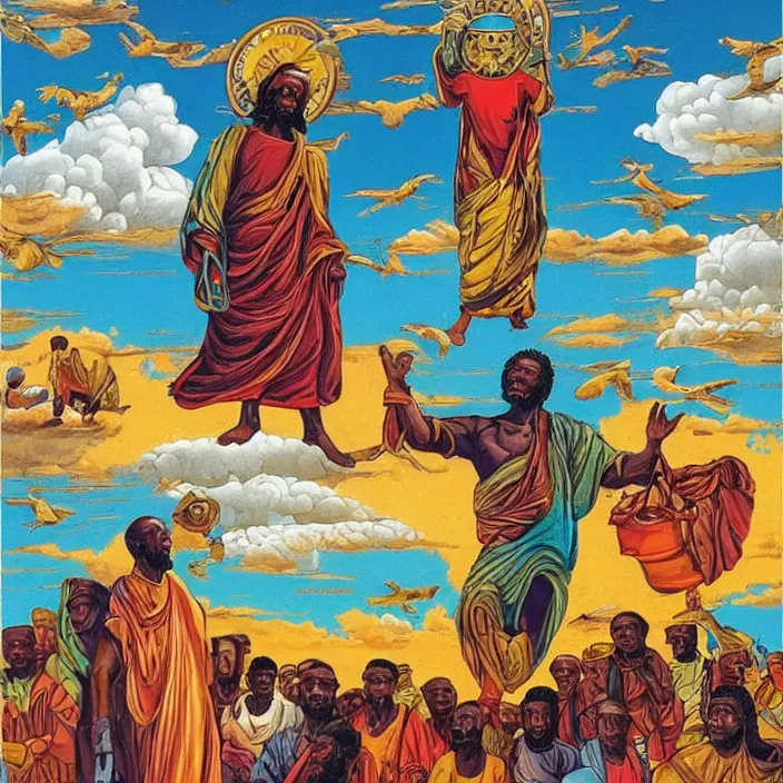 Prompt: UFO hovering over an African Jesus , clouds, in the style of Nigerian truck art (Eagle & Snake, Kano),