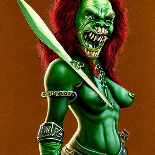 Prompt: character portrait of a wild - eyed green - skinned female goblin wielding daggers and wearing fully clothed leather armor. d & d. warhammer fantasy. digital painting. high detail. larry elmore.