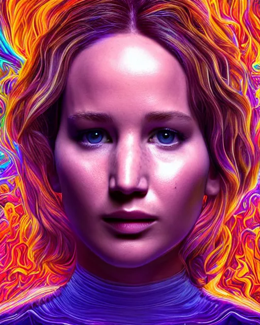 Prompt: portrait ultra dimensional jennifer lawrence entity, accidentally tripping on dmt and acid, psychedelic experience, overwhelming psychosis of self realization and burning awakening, ultra high definition, unreal engine 5, hyperrealism, masterpiece composition, by casey weldon, barclay shaw 8 k photorealistic