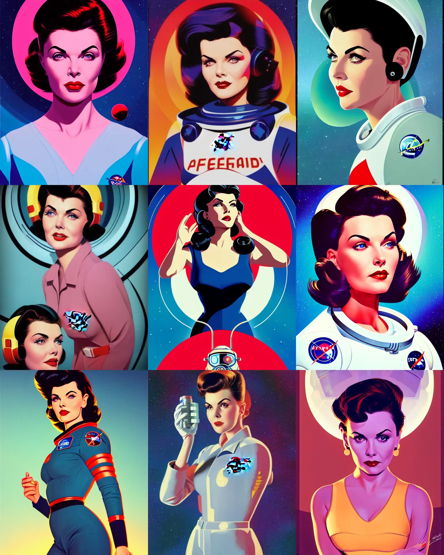 Prompt: sherilyn fenn 2 6 years old astronaut. forbidden planet, retro futurism, half portrait by stanley artgerm, dramatic lighting, ilya kuvshinov, trending on artstation, flat colour, geometric curves, gradient filter, pleasing tone colours, art deco patterns