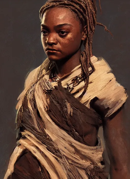 Image similar to black arya stark as himba, intricate, elegant, highly detailed, artstation, concept art, sharp focus, ruan jia, jurgens, orientalism, mucha
