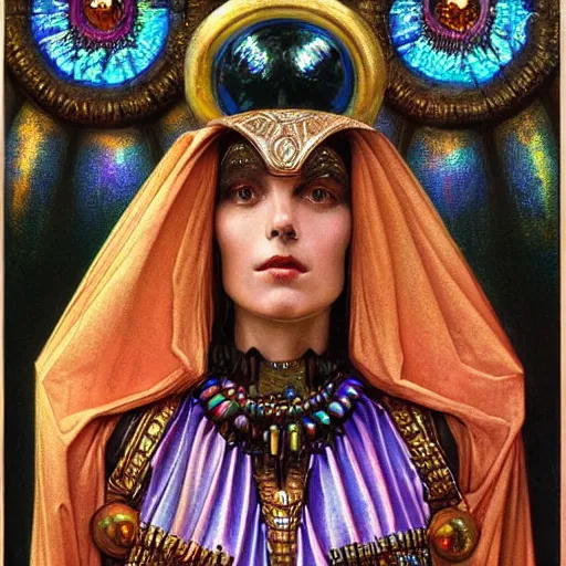 Prompt: close - up renaissance portrait of an iridescent art deco android priestess, reflective detailed textures, highly detailed fantasy science fiction painting by moebius, norman rockwell and william holman hunt. modern industrial shaman, rich colors, high contrast. artstation