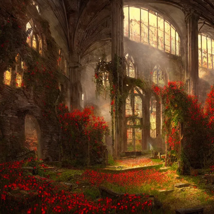 Image similar to a interior photo of a ruined church with a lot of red flowers growing inside at sunset, godrays, complementary colors, concept art, DeviantArt, Ferdinand Knab, beautiful, 8K,highly detailed, high quality