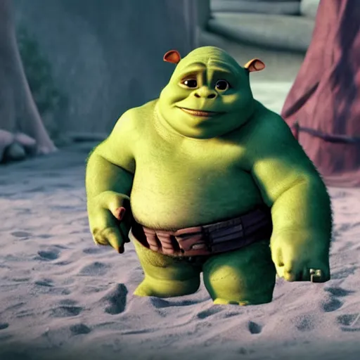 Image similar to a film still of baby shrek in the mandalorian