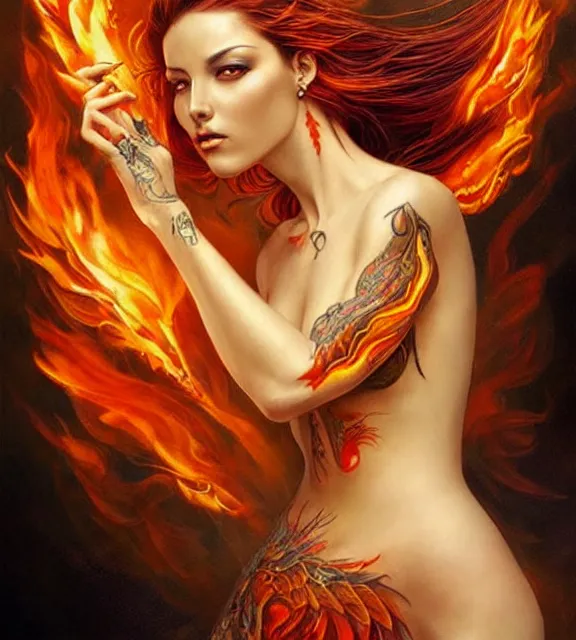 Prompt: woman with fiery tattoos, fiery wings, beautiful, intricate, full body, digital art by artgerm and karol bak