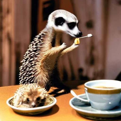 Image similar to meerkat drinking coffee, hedgehog drinking martini, cinematic, kodachrome