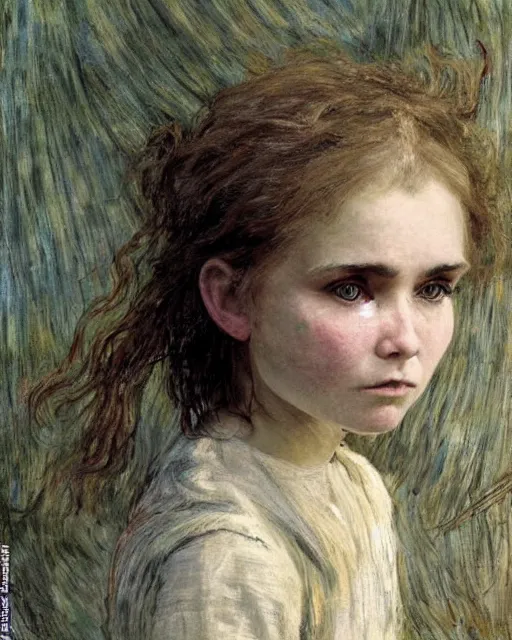 Prompt: a beautiful but sinister girl who looks like a young shirley henderson in dead space, with haunted eyes and crazy hair, horrifying, 1 9 7 0 s, seventies, delicate embellishments, a little blood, crimson, painterly, offset printing technique, by jules bastien - lepage