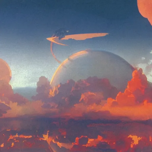Image similar to Water world planet in the clouds, cinematic angle, cinematic lighting, blue sky, sun in the sky, by Syd Mead, John Harris, Federico Pelat