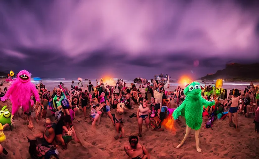 Image similar to long exposure photography of a crowd of muppets having a crazy party at the beach,